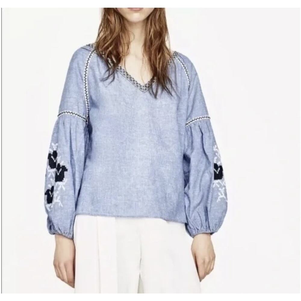 Zara Top Womens Large Blue Embroidered Chambray Balloon Sleeve Boho